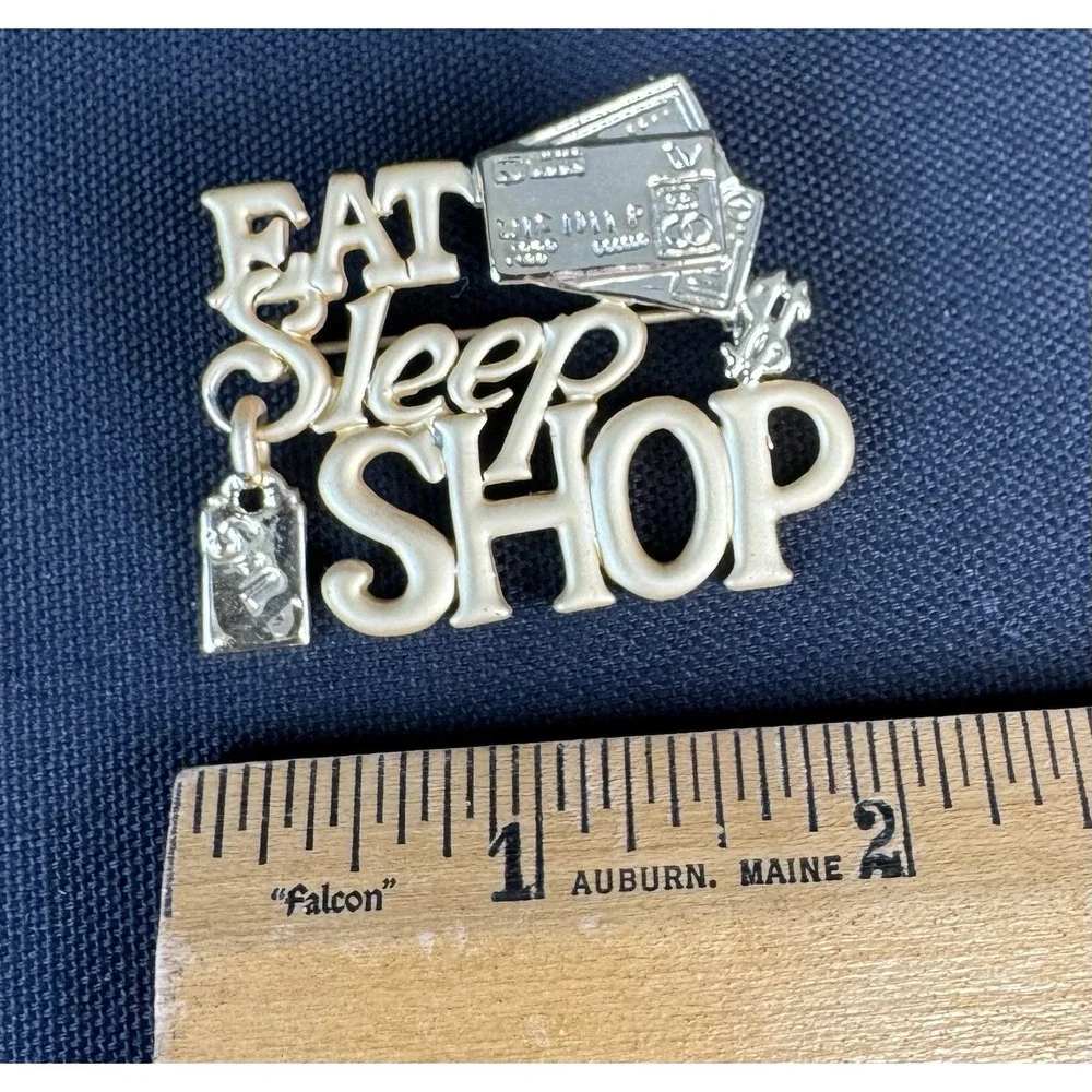 AJC American Jewelry Company Vintage Gold Tone Eat Sleep Shop Novelty Brooch